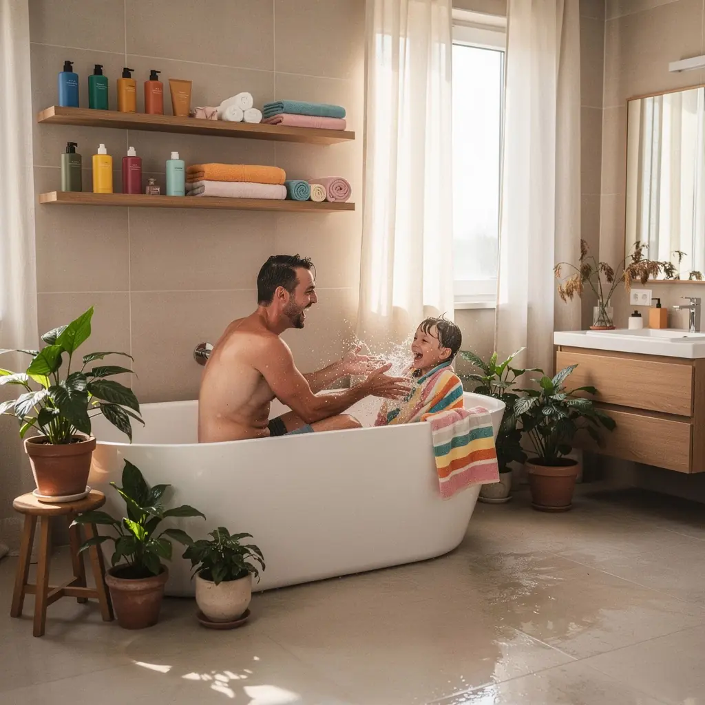 Skaista viesistaba ar siltiem toņiem un izturīgiem materiāliem, kas rada mājīgu atmosfēru.